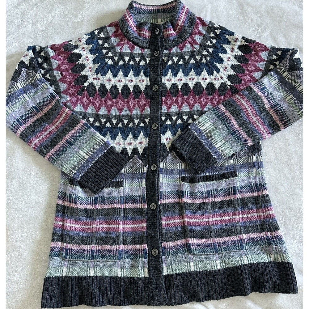 Coldwater Creek Fair Isle Cardigan Sweater Womens Medium Geometric Pockets